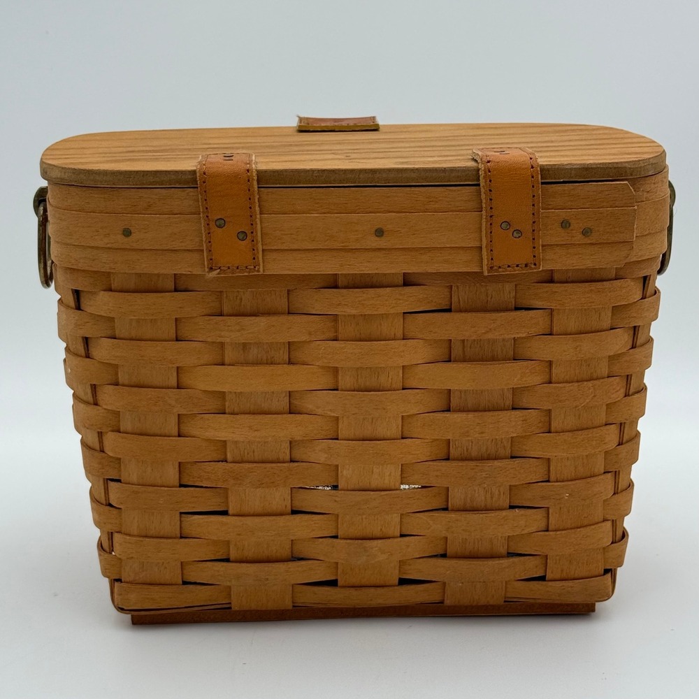 Longaberger 1996 Handwoven Basket WoodLid Leather Closure Clear Liner Dresden OH - Picture 3 of 9